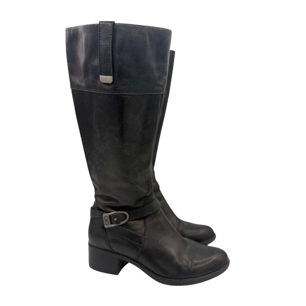 Bandolino Leather Riding Boots Womens 8.5 Black Tall Block Heel Buckle Strap